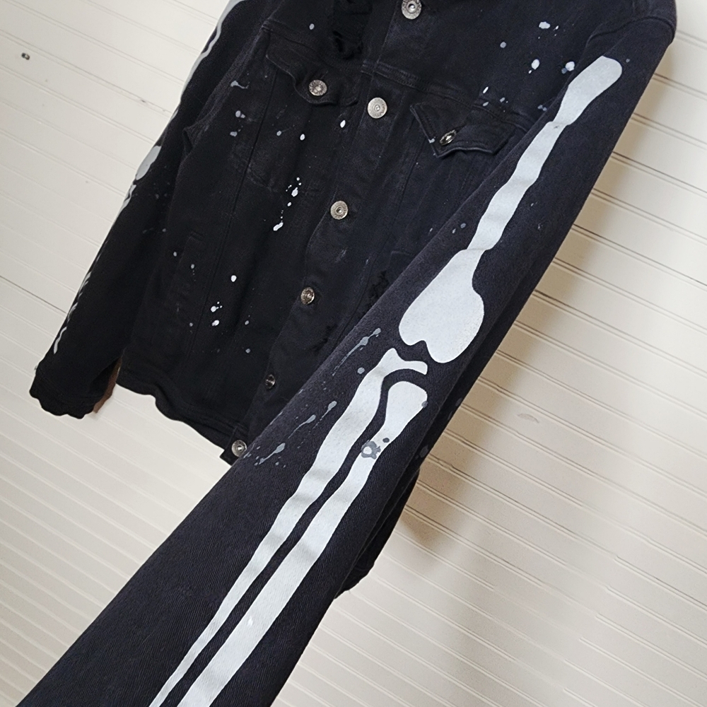 R3BEL Black Denim‎ Skeleton Arm Jacket Distressed Large Unisex - Picture 4 of 16